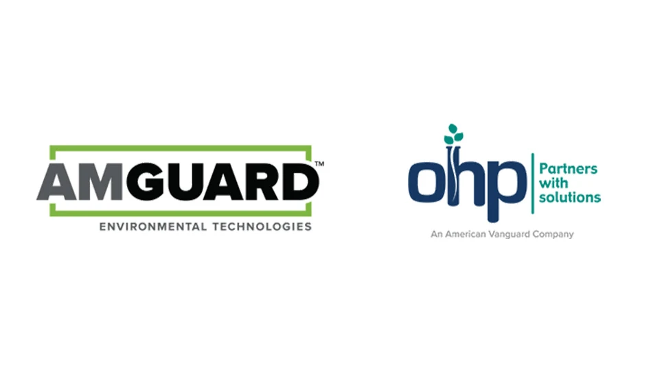 Two logos on a white background. On the left is a green, black and gray logo that reads AmGuard Environmental Technologies. On the right is a navy blue, teal and gray logo that reads OHP Partners with Solutions An American Vanguard Company.