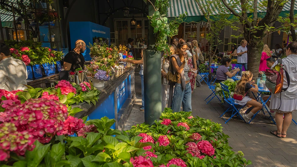 Several people gather in a courtyard filled with colorful hydrangeas.