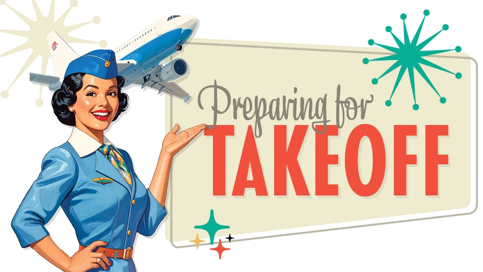 A cartoon of a women airline stewardess point to a sign that reads "Preparing for takeoff"