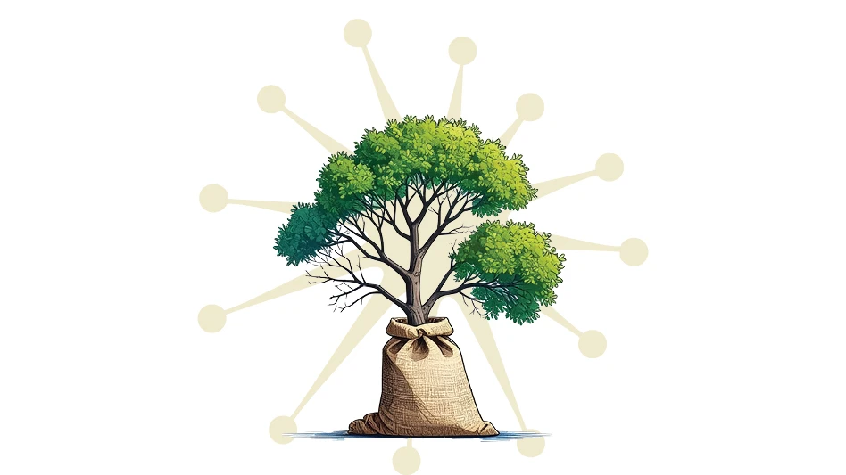 A graphic of a tree inside a burlap sack.