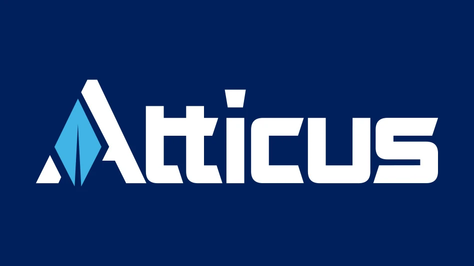 A graphic with white text on a navy blue background reads Atticus.