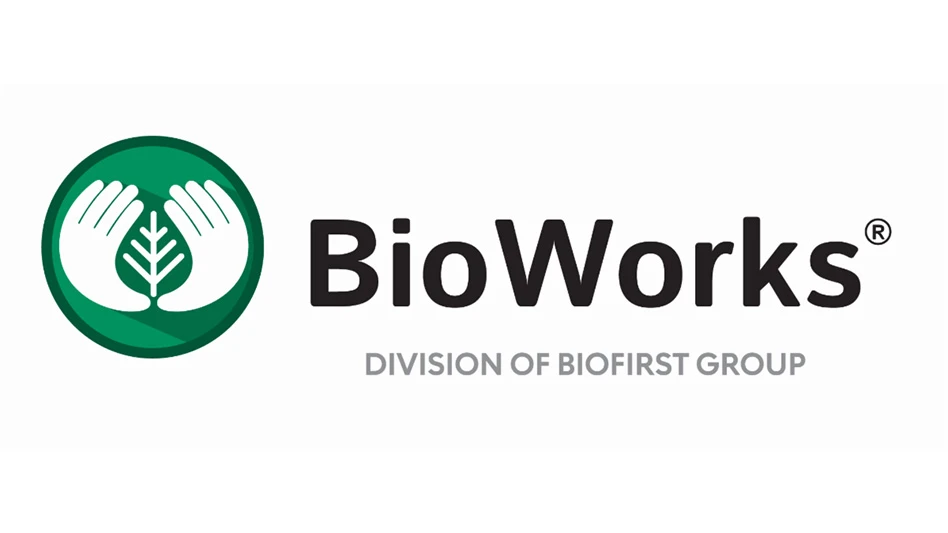A graphic with black and gray text on a white background reads BioWorks Division of BioFirst Group. A graphic to the left of the text shows two white hands around a small white plant all in a green circle.