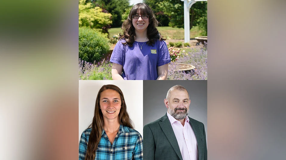 Headshots of three smiling people: A woman with brown hair wearing a purple T-shirt, a woman with long brown hair wearing a blue plaid shirt and a man with facial hair wearing a blazer.