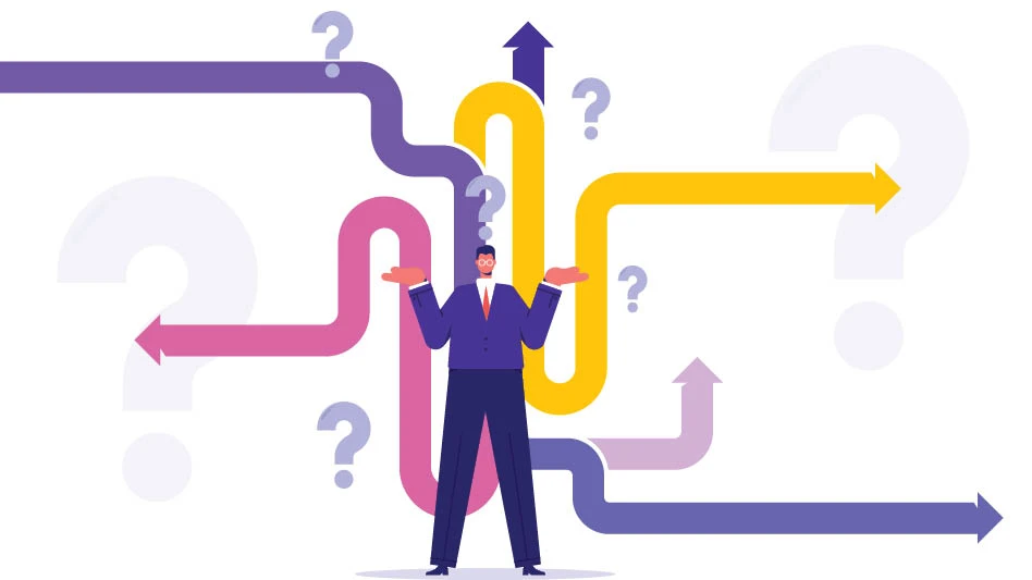 A graphic a a man who can't decided which way to go. He standing in front of a bunch or arrows point in different directions.