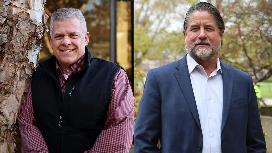 Two headshot photos of smiling men outdoors.
