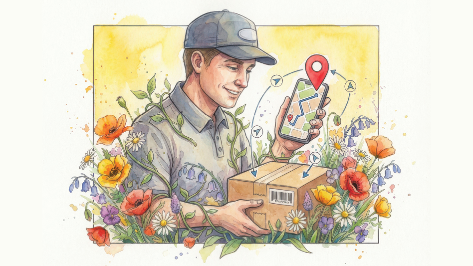 An illustration of a delivery guy holding a box. The are flower blooming all around him.