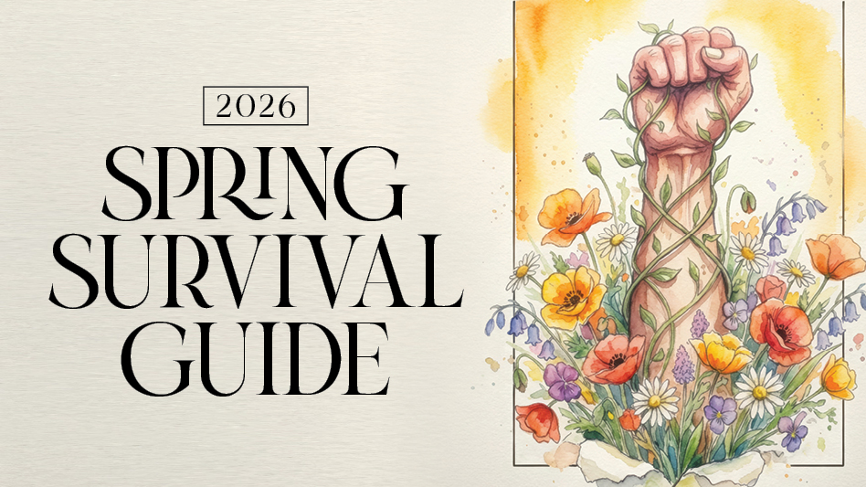 Spring Survival Guide graphic with a hand in a fist that has flowers blooming around it