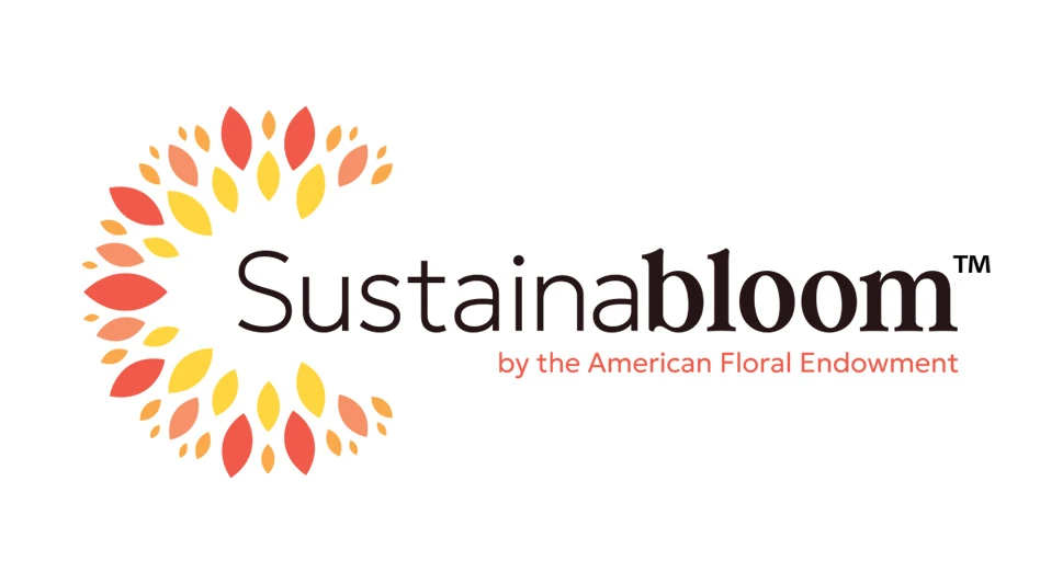 A graphic with dark brown and orange text on a white background reads Sustainabloom by the American Floral Endowment. There's a graphic outline of a flower with orange and yellow petals around the left side of the text.
