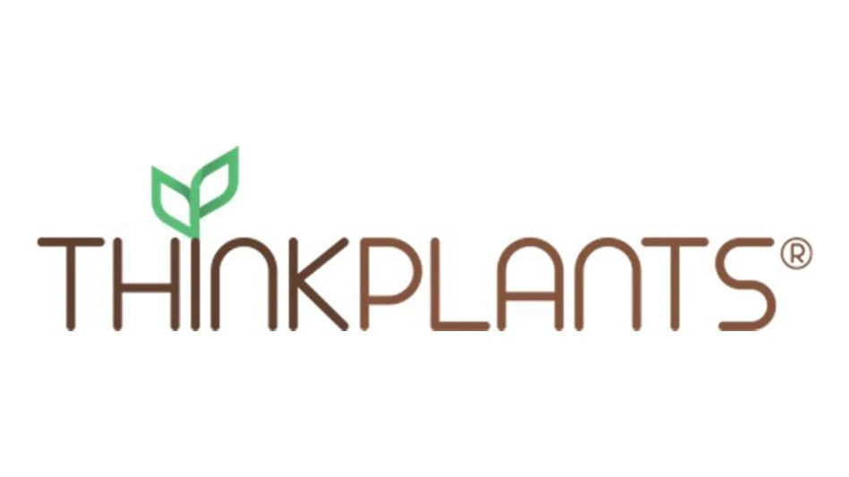 A logo with brown text on a white background reads ThinkPlants. There's an outline of two green leaves above the I.