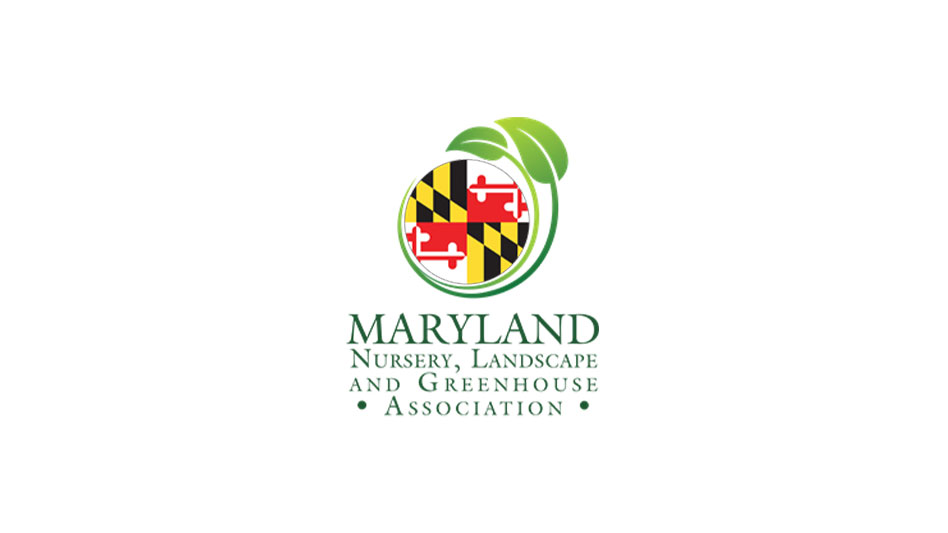 A logo on a white background with a circular version of the red, white, yellow and black Maryland state flag with a green leaf circling it. Underneath is green text reading Maryland Nursery, Landscape and Greenhouse Association.