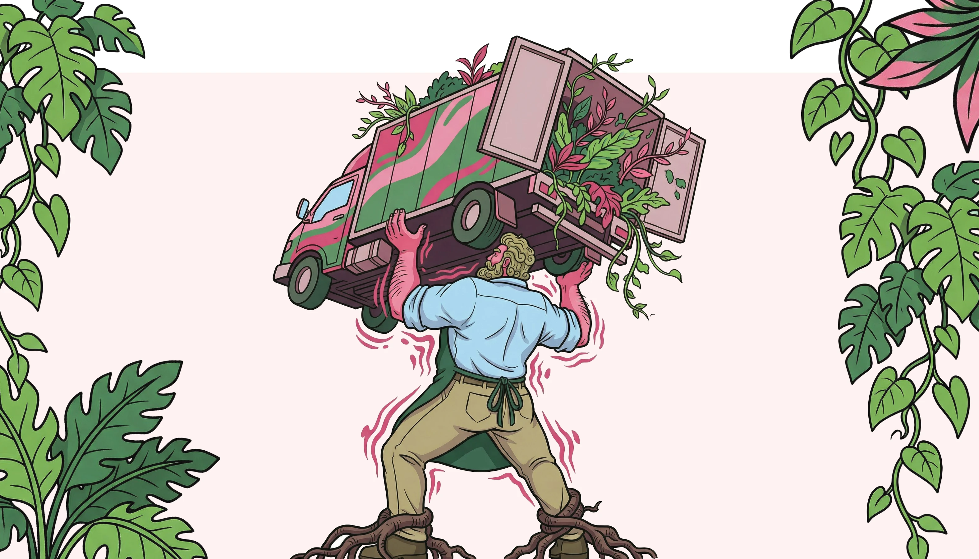 An illustration of Hercules lifting a truck dilled with plants