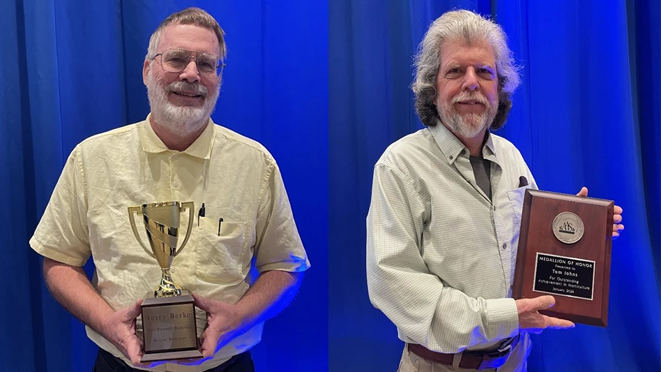 Two photos of smiling men holding awards and standing in front of a blue curtain.