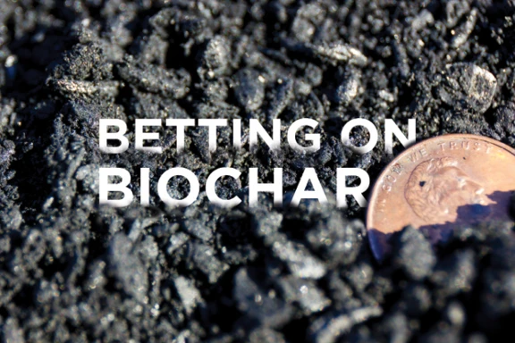 penny in pile of biochar