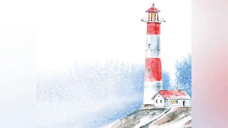 A drawing of a red and white lighthouse.
