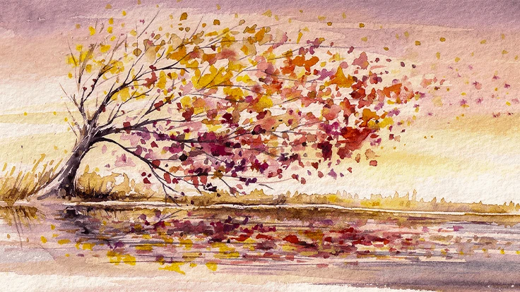 watercolor image of a tree blowing sideways in the wind