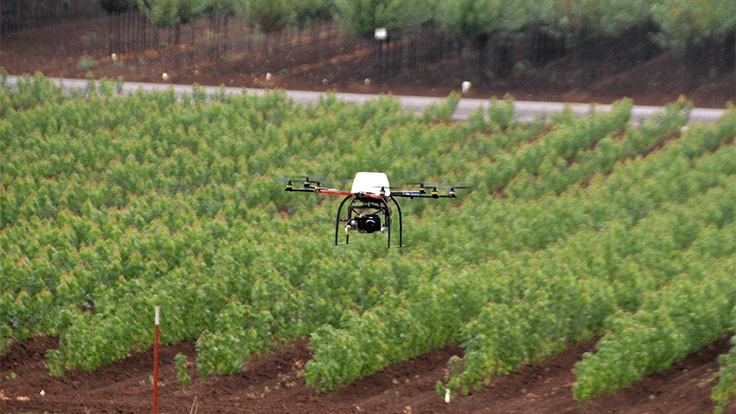 Drone flying over a field